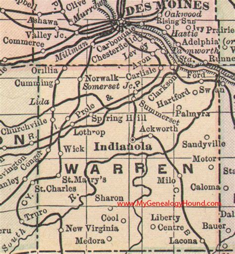 Warren County, Iowa 1905 Map Indianola, Norwalk, Carlisle, Hartford, Milo, Lacona, New Virginia ...