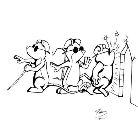 three cartoon mice playing with each other in front of an open fence, one holding a baseball bat