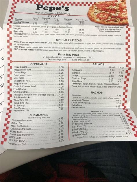 Menu at Pepe's Pizza pizzeria, Marine City