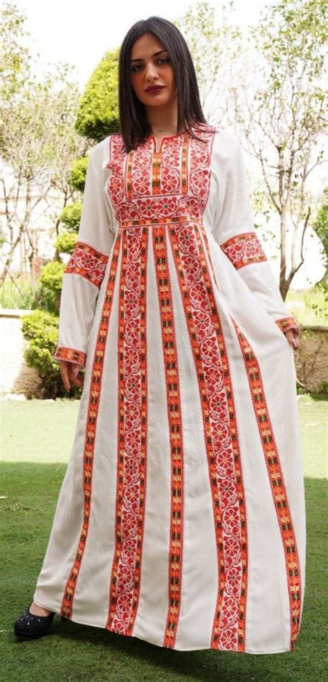 Elegant White Red Palestinian Thobe Dress Palestine Embroidery Palestinian Dress Abaya Kaftan ...