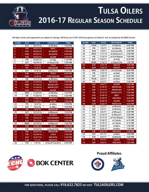 2016-17 Tulsa Oilers Schedule | Tulsa Oilers