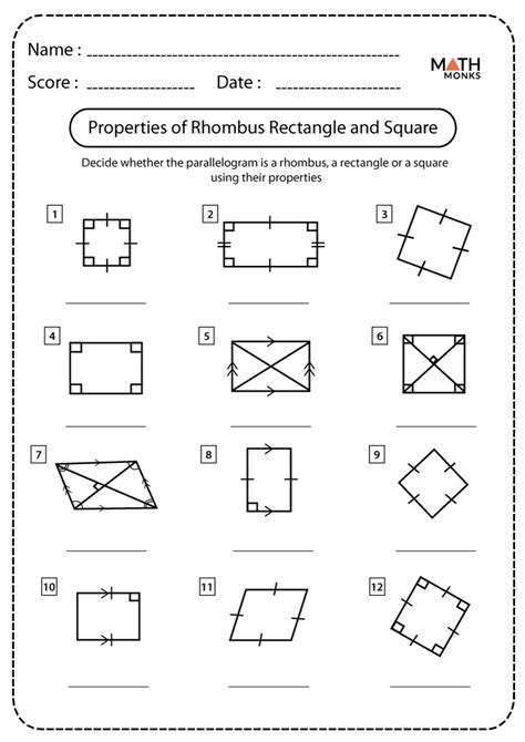 Properties Of Rhombuses Rectangles And Squares Worksheet