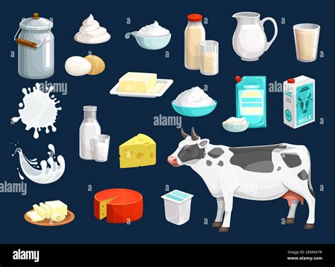 Milk product vector icons of dairy food and drink design. Yogurt bottle, glass and cheese, cow ...