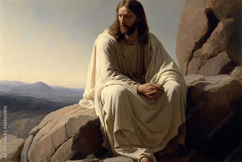 picture of Jesus Christ sitting on a rock, generative AI Stock Illustration | Adobe Stock