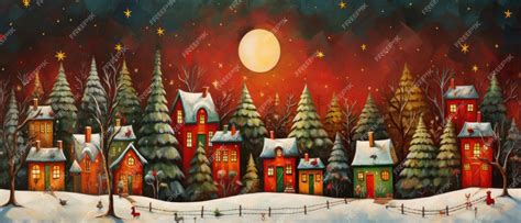 Premium AI Image | Painting of a snowy village with a full moon ...