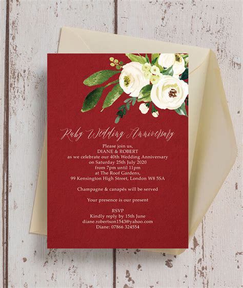 Red & Cream Flowers 40th / Ruby Wedding Anniversary Invitation from £0.90 each