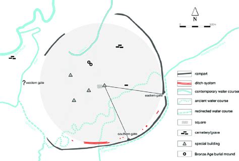 Schematic map of the oppidum of Manching featuring important landmarks... | Download Scientific ...