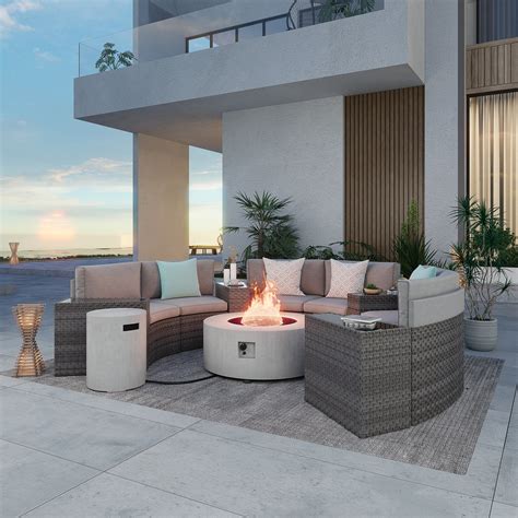 Wicker Curved Outdoor Sectional with Propane Fire Pit | Jardina