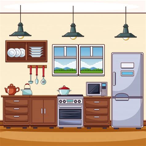 Desenhos animados coloridos de paisagem interior de cozinha | Vetor Premium | Kitchen cartoon ...