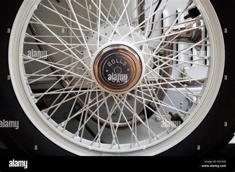 Vintage 1912 Rolls Royce silver ghost car spoked wheel detail at Daylesford Organic farm shop ...