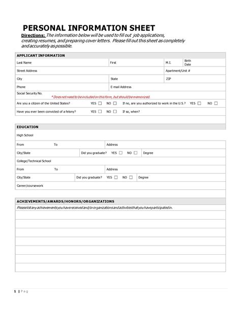 Basic Contact Information Sheet Printable