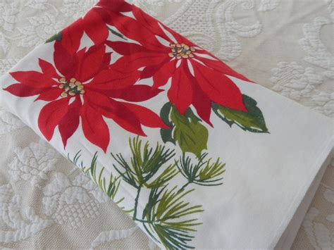 Vintage Christmas Tablecloth W / Red Poinsettia Candles | Etsy