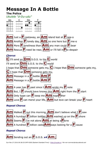 Message In A Bottle (The Police) - http://myuke.ca | Ukulele chords songs, Ukulele songs, Lyrics ...