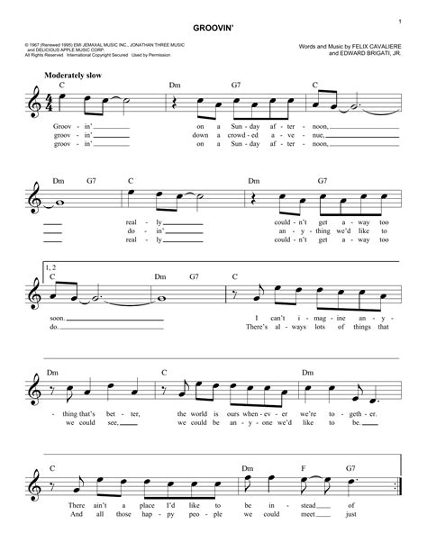 Groovin' chords by Young Rascals (Melody Line, Lyrics & Chords – 187272)