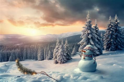 Premium AI Image | Snowman in a winter Christmas scene with snow pine trees and warm light Merry ...