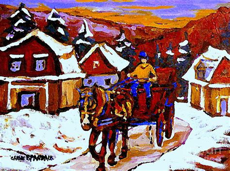 Quebec Landscape Paintings Red Sled Rider Thru Mont St Hilaire Quebec Winter Scene Painting ...