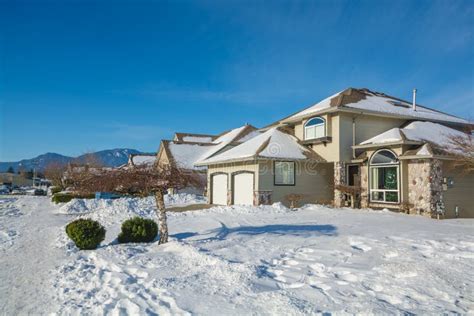 Street of Residential Houses in Snow on Winter Sunny Day Stock Image - Image of facade ...