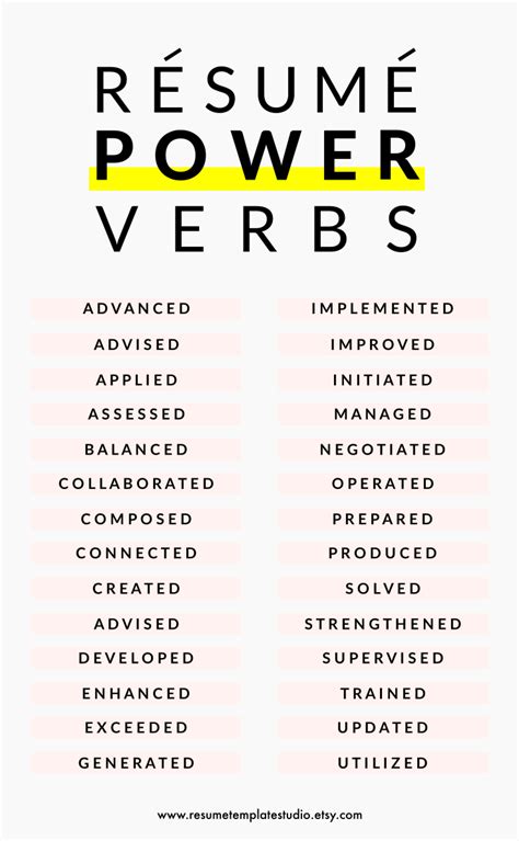 the resume power words list is shown in black and yellow, on a white ...