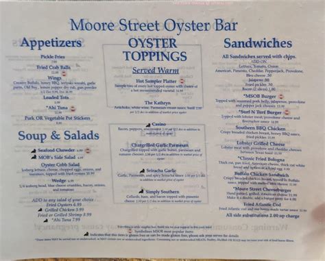 Menu at Moore Street Oyster Bar, Southport