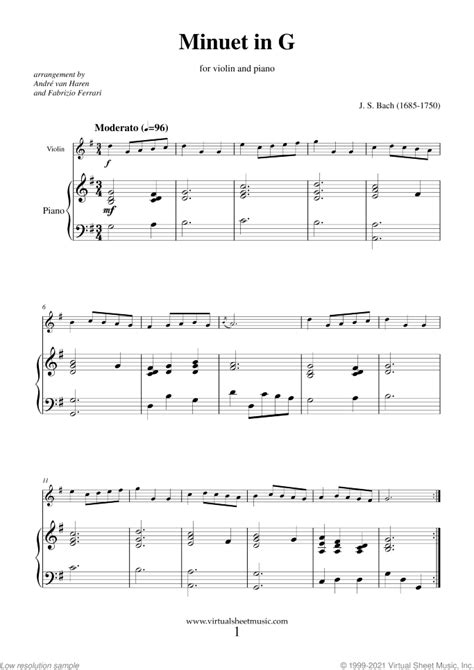 Minuet in G sheet music for violin and piano (PDF-interactive)