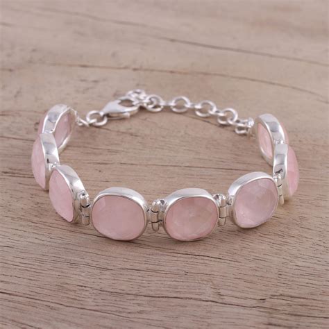 Rose Quartz and Sterling Silver Link Bracelet from India - Pink Allure | NOVICA