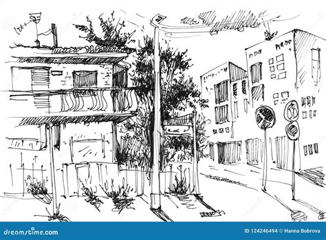 Urban Landscapes in Hand Drawn Ink Line Style. Old City Street Sketch ...