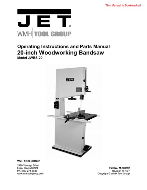 Jet Band Saw Owner's Manual Model JWBS-20 | Manualzz