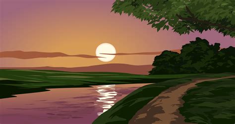 Beautiful sunset at river with footpath. Vector nature landscape ...