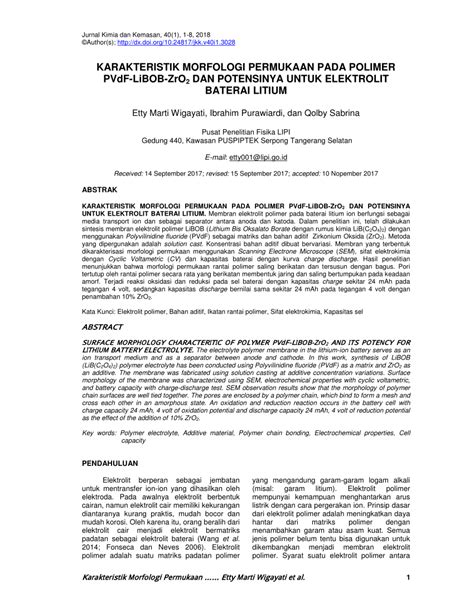 (PDF) Karakteristik Morfologi Permukaan Pada Polimer PVdF-LiBOB-ZrO2 dan Potensinya untuk ...