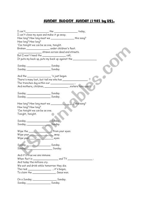 U2 Sunday Bloody Sunday - Lyrics - ESL worksheet by lisazoe