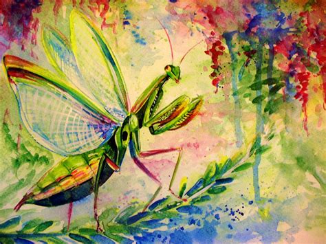 a praying mantis painted with watercolours and some white accrylic ...