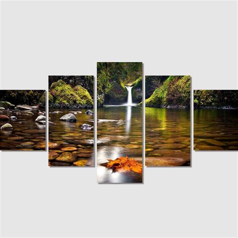 Nature Waterfall In Autumn – Nature 5 Panel Canvas Art Wall Decor – Canvas Storm