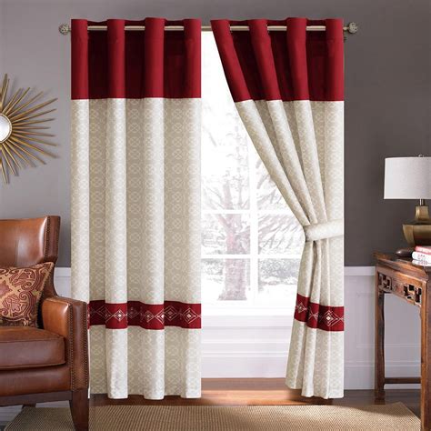 4-Pc Safi Diamond Embroidery Trellis Clover Curtain Set Burgundy Red Beige Drape Sheer Liner ...