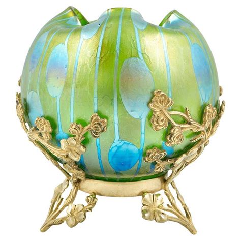 Glass Vase with Brass Fitting Koloman Moser Loetz circa 1901 Blue Green For Sale at 1stDibs