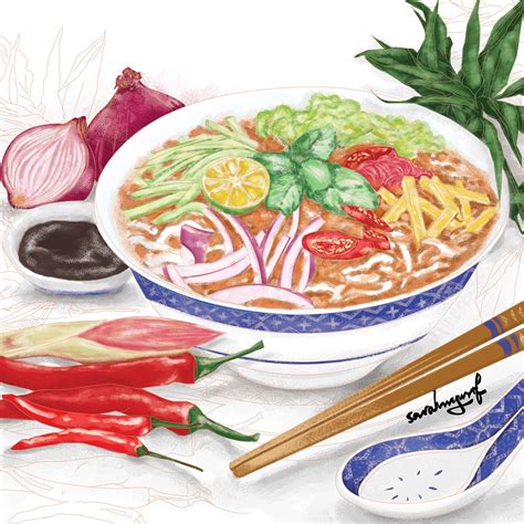 Asam Laksa | Food illustrations, Illustration food, Illustration