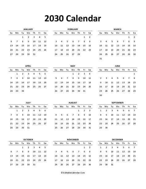 Download 2030 Free Printable Calendar Editable (Word Version)