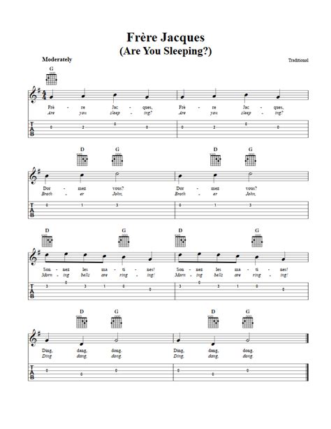 Frere Jacques - Easy Guitar Sheet Music and Tab with Chords and Lyrics