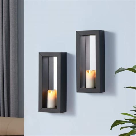 DANYA B Black Metal Frame Pillar Wall Candle Sconces with Mirror(Set of ...