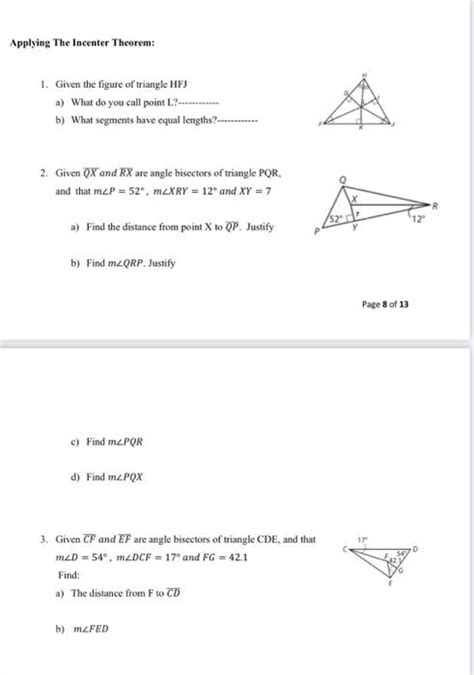 Solved Applying The Incenter Theorem: 1. Given the figure of | Chegg.com