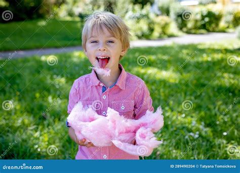 Cute Preschool Child, Eating Pink Sugar Candy Cotton in the Park Stock ...