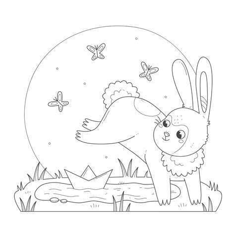 A happy rabbit is playing with a paper boat kids coloring page. The ...