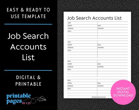 Job Search Account List Tracker Career Path Planner Job Application ...