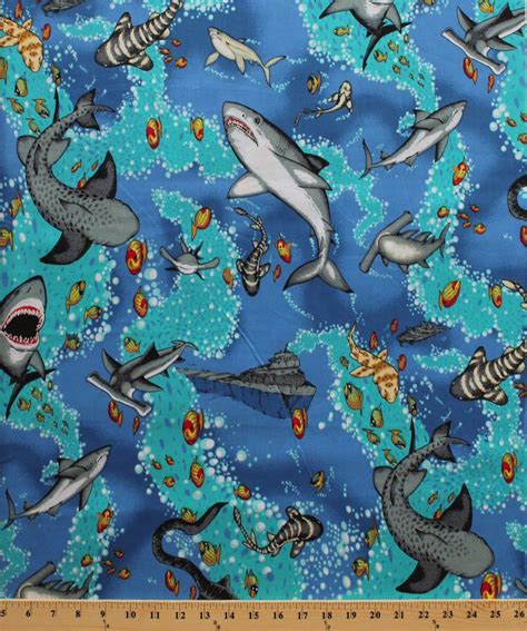 Shark Attack Sharks Fish Swimming Ocean Cotton Fabric Print by the Yard ...