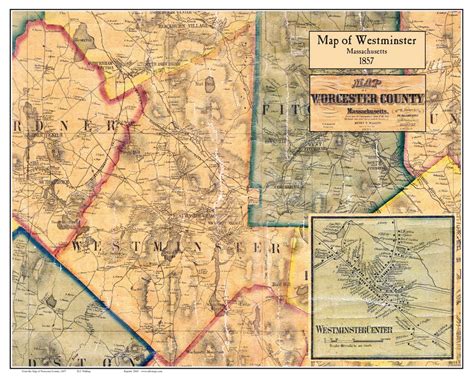 Westminster Poster Map, 1857 Worcester Co. MA - OLD MAPS