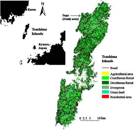 Location and vegetation map of the Tsushima Islands. The vegetation map... | Download Scientific ...