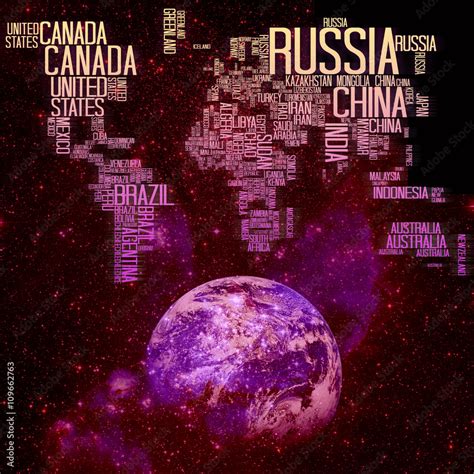 World Map Countries name Typography on Space and Earth Background Stock ...