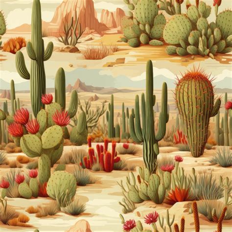 Desert Cactus Botanical Illustration Seamless Pattern Design for Download