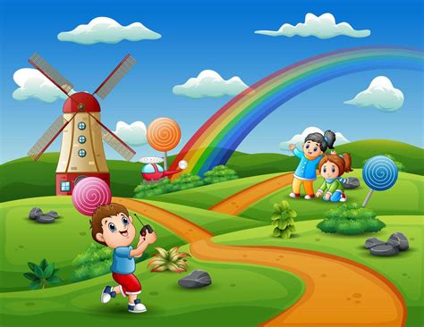 Cartoon kids playing in a candy land background 6429034 Vector Art at ...