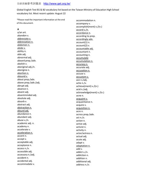 B1 and B2 Vocabulary list