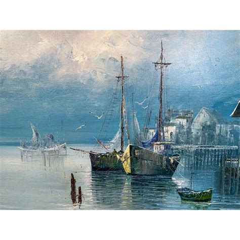 Large Marine Landscape Oil on Canvas Painting With Boats at a Dock, Signed | Marine landscape ...